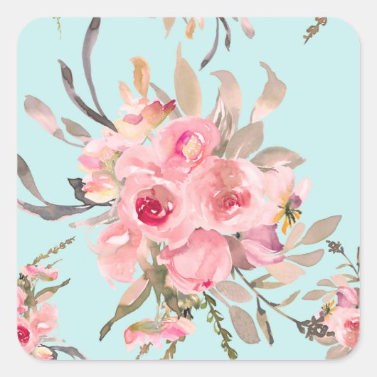 Sticker Carré Fleurs rose pâle sur bleu clair (Devant)