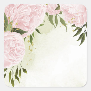 Sticker Carré Fleurs roses boho feuilles vertes botanique