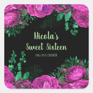 Sticker Carré Fleurs roses chauds élégants Sweet Sixteen