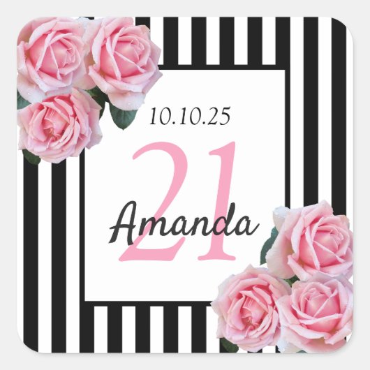 Sticker Carré Fleurs roses d'anniversaire noir blanc rayures (Devant)