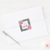 Sticker Carré Fleurs roses d'anniversaire noir blanc rayures (Enveloppe)