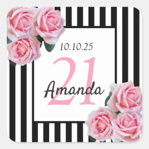 Sticker Carré Fleurs roses d'anniversaire noir blanc rayures