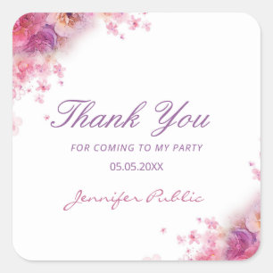 Sticker Carré Fleurs Roses Écriture Manuscrite Modèle de Remerci