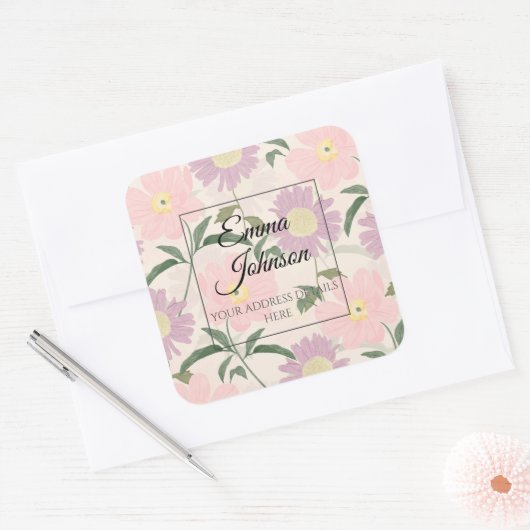 Sticker Carré Fleurs roses élégantes Aquarelle Boho Floral (Enveloppe)