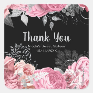 Sticker Carré Fleurs roses et argent élégantes Sweet Sixteen