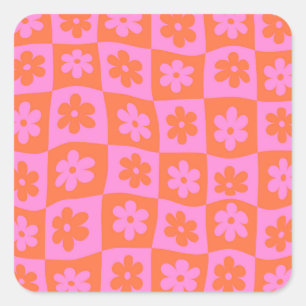 Sticker Carré Fleurs roses et orange rétro déformées à carreaux