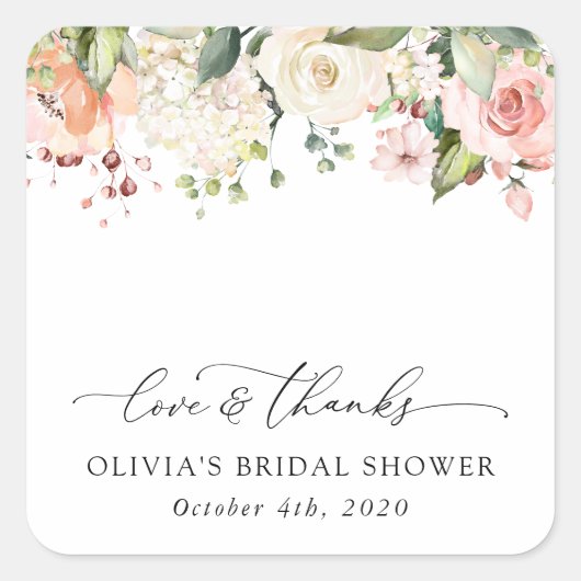 Sticker Carré Fleurs roses, Fleurs blanches, Boho, Fête des mari (Devant)