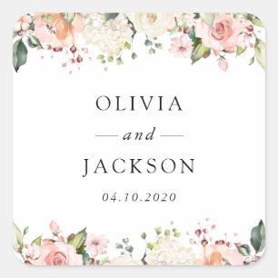 Sticker Carré Fleurs roses, Fleurs blanches, Verdure, Mariage