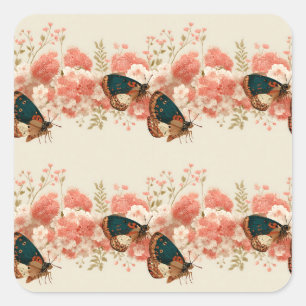 Sticker Carré Fleurs roses vintage de printemps avec papillons