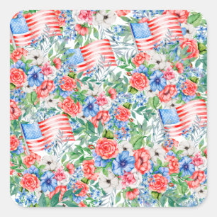 Sticker Carré Fleurs rouges, blanches et bleues Fête patriotiqu