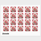 Sticker Carré Fleurs Rouges De Noël Dans Un Snowglobe (Feuille)
