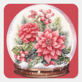 Sticker Carré Fleurs Rouges De Noël Dans Un Snowglobe (Devant)