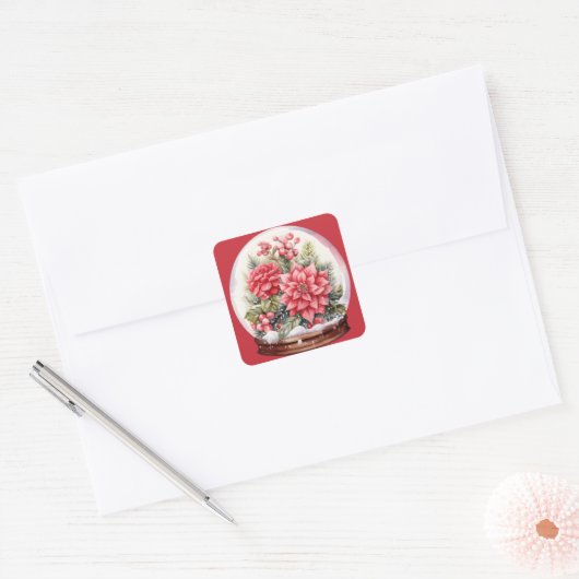 Sticker Carré Fleurs Rouges De Noël Dans Un Snowglobe (Enveloppe)