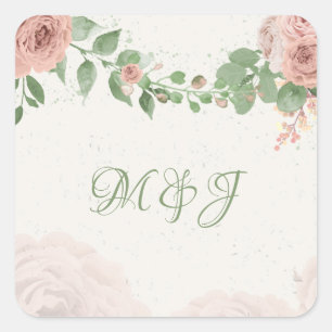 Sticker Carré fleurs rousses roses feuilles verts avec initiales