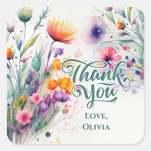 Sticker Carré Fleurs sauvages aquarelle Merci (Devant)
