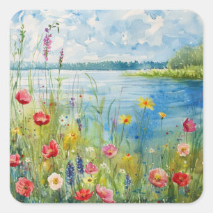 Sticker Carré Fleurs sauvages au bord d'un lac