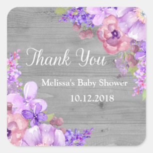 Sticker Carré Fleurs violettes en bois rustique Baby shower Merc