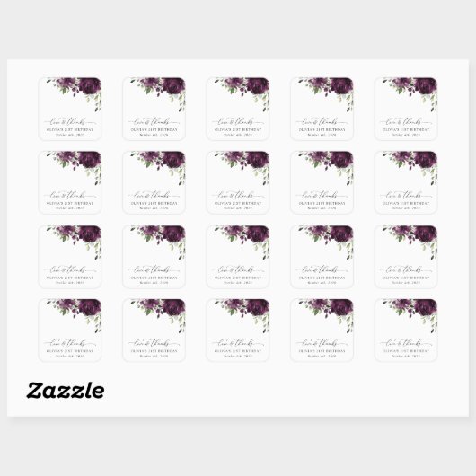 Sticker Carré Fleurs violettes, Fleurs de prunes, Boho, Annivers (Feuille)