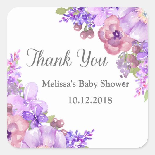 Sticker Carré Fleurs violettes Lilac Rustique Baby shower Merci (Devant)