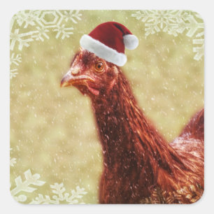 Sticker Carré Flocon de neige hivernal Poulet de Santa Hat