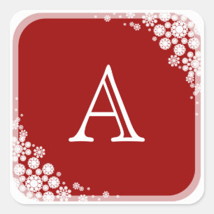 Sticker Carré Flocons de neige Cadre Monogramme Rouge Noël Fêtes