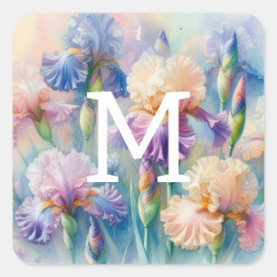 Sticker Carré Floral aquarelle monogramme iris violet fleurs