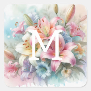 Sticker Carré Floral aquarelle monogramme rose lys fleurs