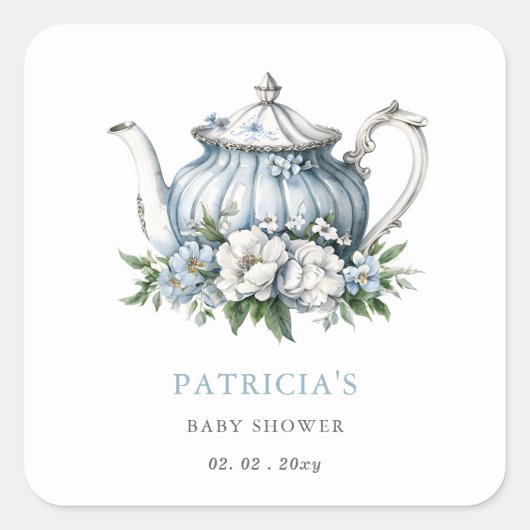 Sticker Carré Floral Blue Tea Party Baby shower garçon (Devant)