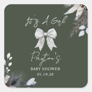 Sticker Carré Floral Bow Winter Green Girl Baby shower