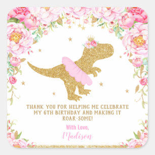 Sticker Carré Floral Dinosaur fête d'anniversaire rose et Gold F