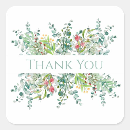 Sticker Carré Floral Elégant Vert Aquarelle Merci (Devant)