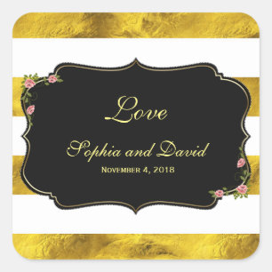 Sticker Carré Floral Gold Foil White Stripes Mariage personnalis
