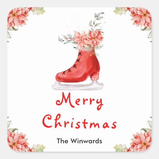 Sticker Carré Floral Ice Skate Red Merry Christmas (Devant)