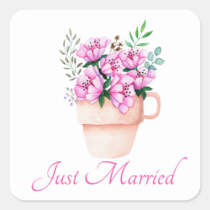 Sticker Carré Floral Just Married Rose Pâquerette Fleur de Print