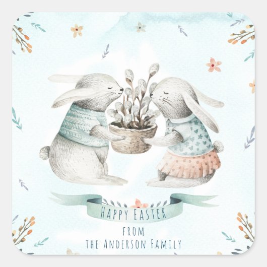 Sticker Carré Floral moderne Bonne Pâques Souhaits Boho Bunny (Devant)