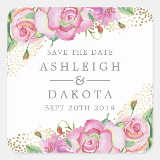 Sticker Carré Floral moderne Rose Gold Confetti Mariage (Devant)