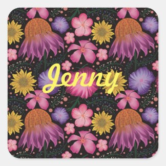 Sticker Carré Floral noir fleur sauvage Personnalisé