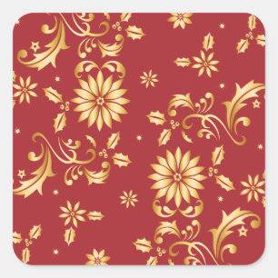 Sticker Carré Floral Red Gold Stars Fête de Noël Metallic
