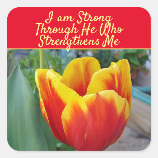 Sticker Carré Floral Red Yellow Tulip God Quote I Am Strong