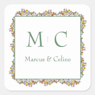 Sticker Carré Floral Romantique Mariage d'aquarelle