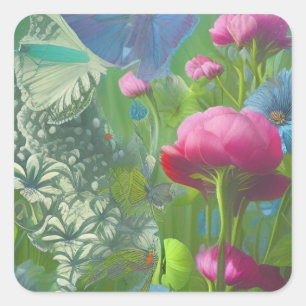 Sticker Carré Floral rose, bleu et blanc muet