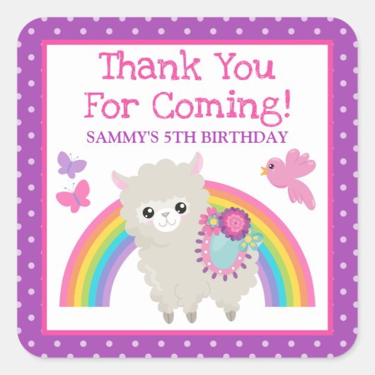 Sticker Carré Floral Spring Llama & Rainbow Birthday (Devant)