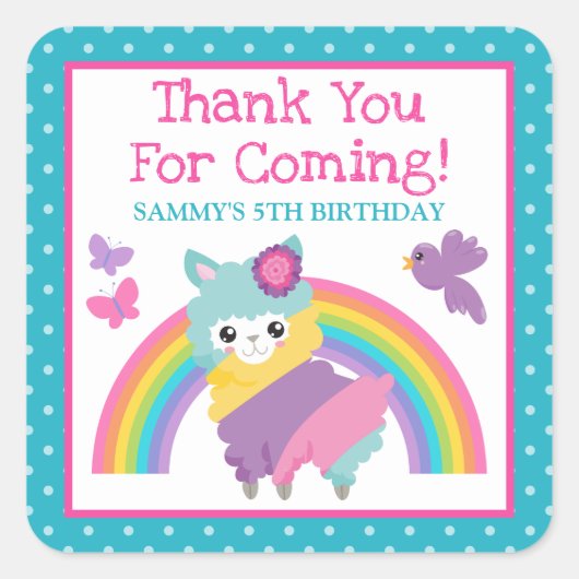 Sticker Carré Floral Spring Rainbow Llama & Rainbow Birthday (Devant)