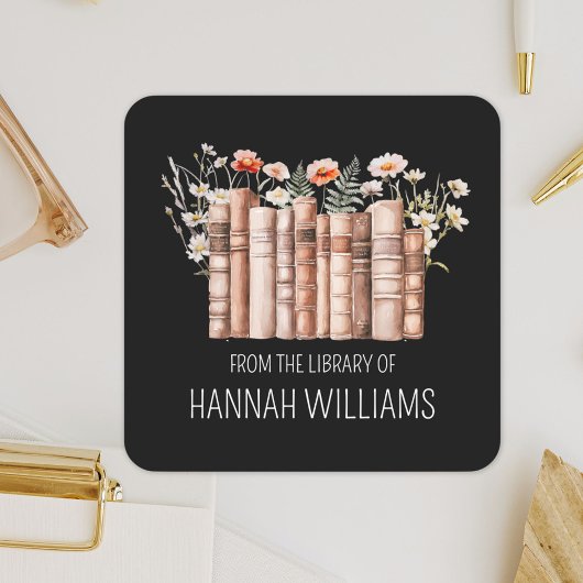 Sticker Carré Floral Stack Book From the Library of Bookplate