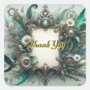 Sticker Carré Floral Steampunk Mariage vert et argent