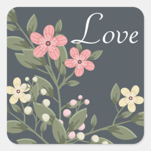 Sticker Carré Flore Amour Gris et Rose Fleur Mariage Gris