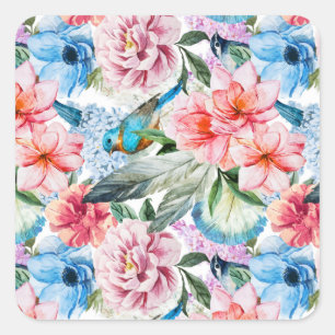 Sticker Carré Flore Fleurs de feuillage Vert Bleu