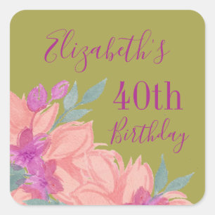 Sticker Carré Flore rose Aquarelle Personnalisable Anniversaire