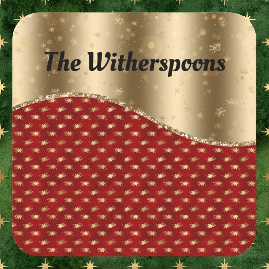 Sticker Carré Flore rouge de Noël avec ruban or et nom