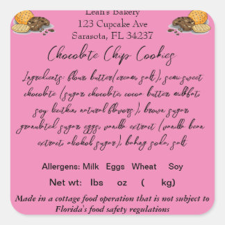 Sticker Carré FLORIDA Cottage Food Law Sticker/Étiquette Maison 